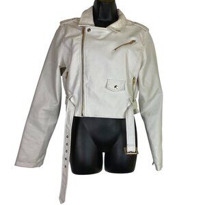 Ashley Outerwear White Faux Leather Motorcycle Jacket Size Large Biker Sexy Y2K